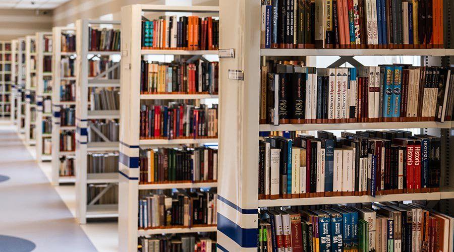 Hyllor i ett bibliotek, fyllda med böcker