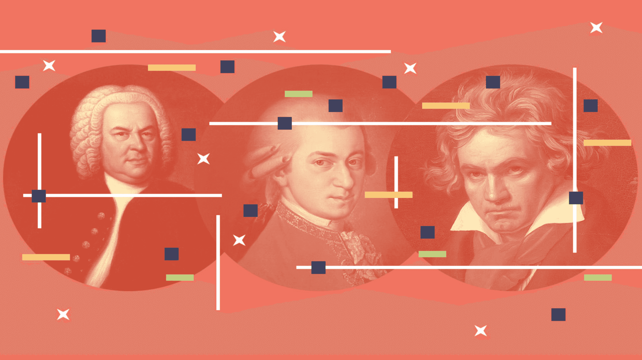 Orange bakgrund och bilder på Bach, Mozart, Beethoven.