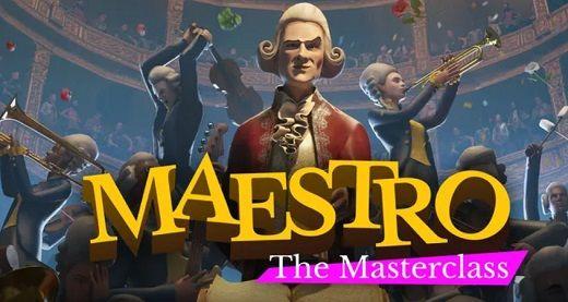 animering av en orkesterdirigent med gul text Maestro