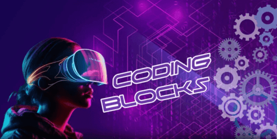 Person med VR-headset framför en digital bakgrund med kugghjul och texten "Coding Blocks´.
