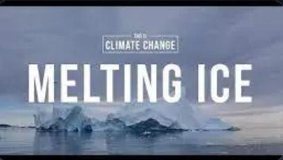 Ett smältande isberg med text Melting Ice över hela bilden.