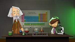 Animering av Albert Einstein och ett barn i ett laboratorium.