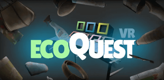 Illustration med olika avfallsföremål och återvinningsbehållare kring logotypen EcoQuestVR.