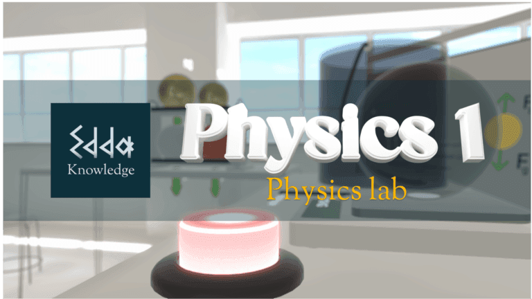Ett digital fysiklabb med texten 'Physics 1 och Edda Knowledge-logotyp