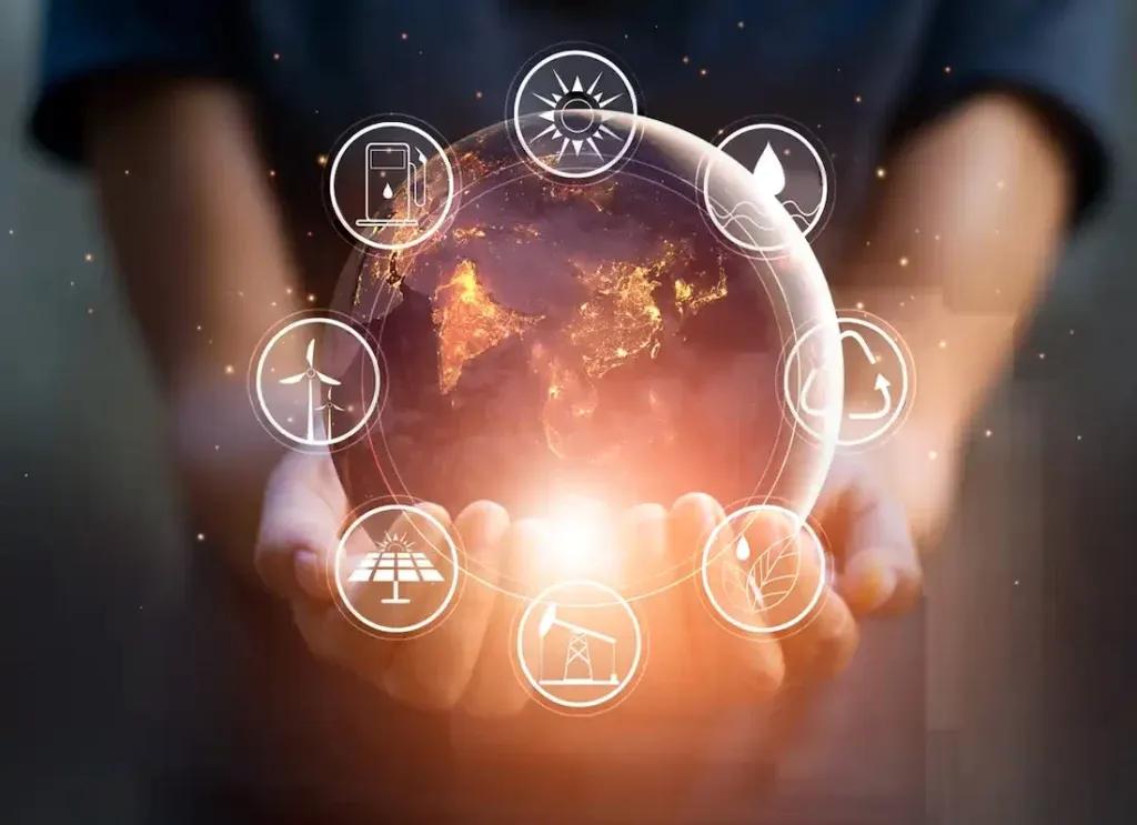 En hand som håller ett runt klot med visualiserade energikällor runt om.