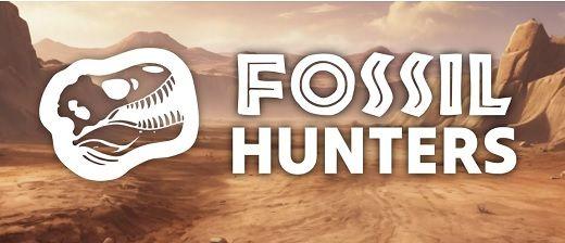 En öken i bakgrunden och en tecknad dinosaurieskalle med texten Fossil Hunters