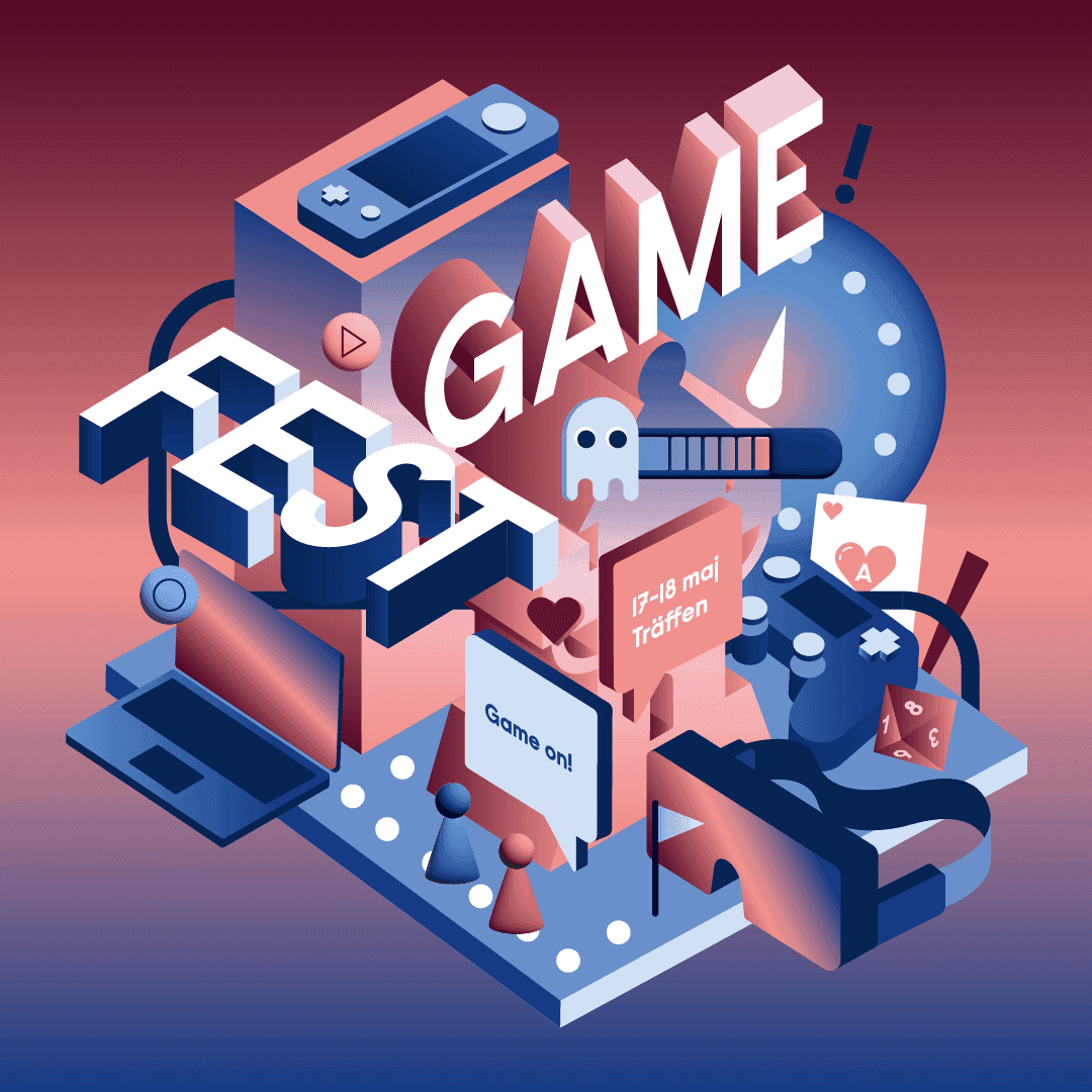 Animerad miljö som visuliserar olika digitala verktyg och med orden Game Fest 