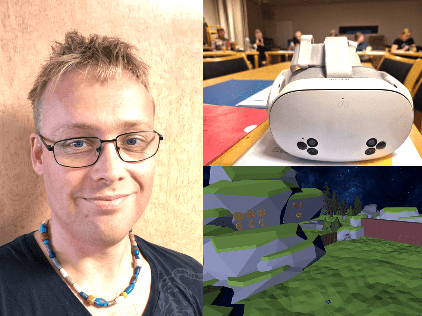 Trededald bild med Jonatan Ansin till vänster, VR heads samt en skärmbild från  en VR upplevelseet