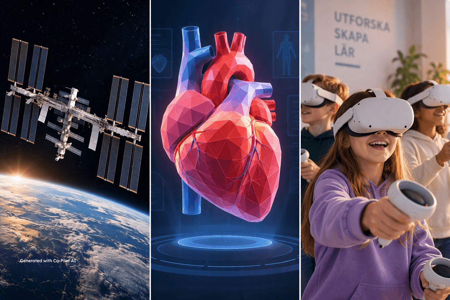 Tredelad bild med en rymdfärja, en hjärta och barn i vr-utrustning