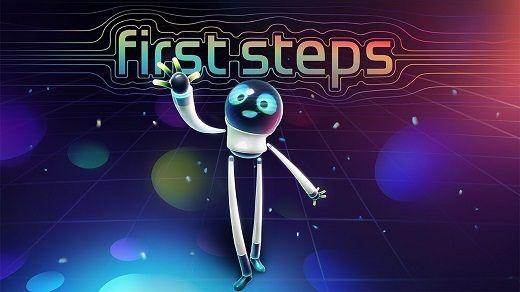 En robotfigur i rymden och texten first step.