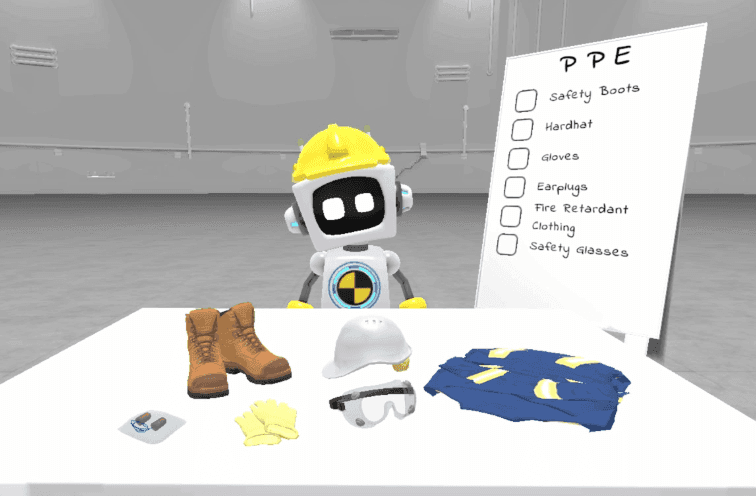 Liten robot bakom en bord med arbetskläder på
