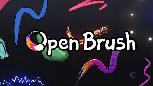 Animerade penseldrag i olika färger, svävande i bakgrunden samt vit text Open Brush