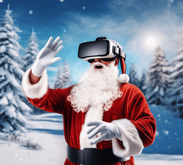 Animerad tomte som har vr glasögon på sig