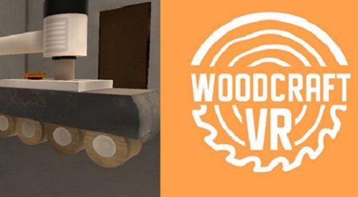 Logotyp Woodcraft VR samt en bild på virtuellt träarbete