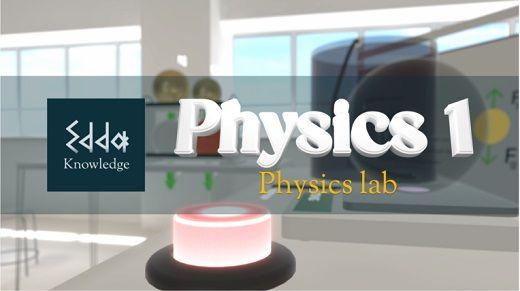 Ett digital fysiklabb med texten 'Physics 1 och Edda Knowledge-logotyp