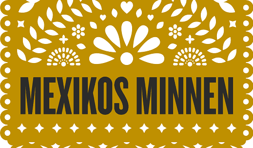 Senapsfärgat mönster och en text i svart som säger Mexikos minnen.