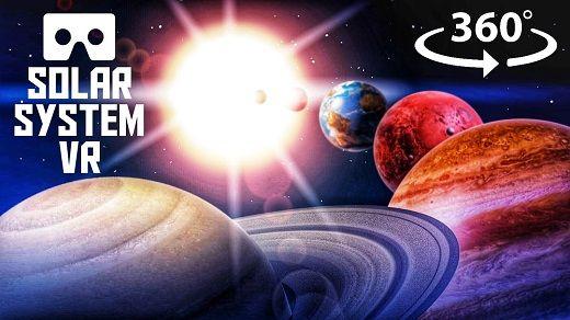 Planeter i rymden med solen i bakgrunden och en text som säger Solar system VR.