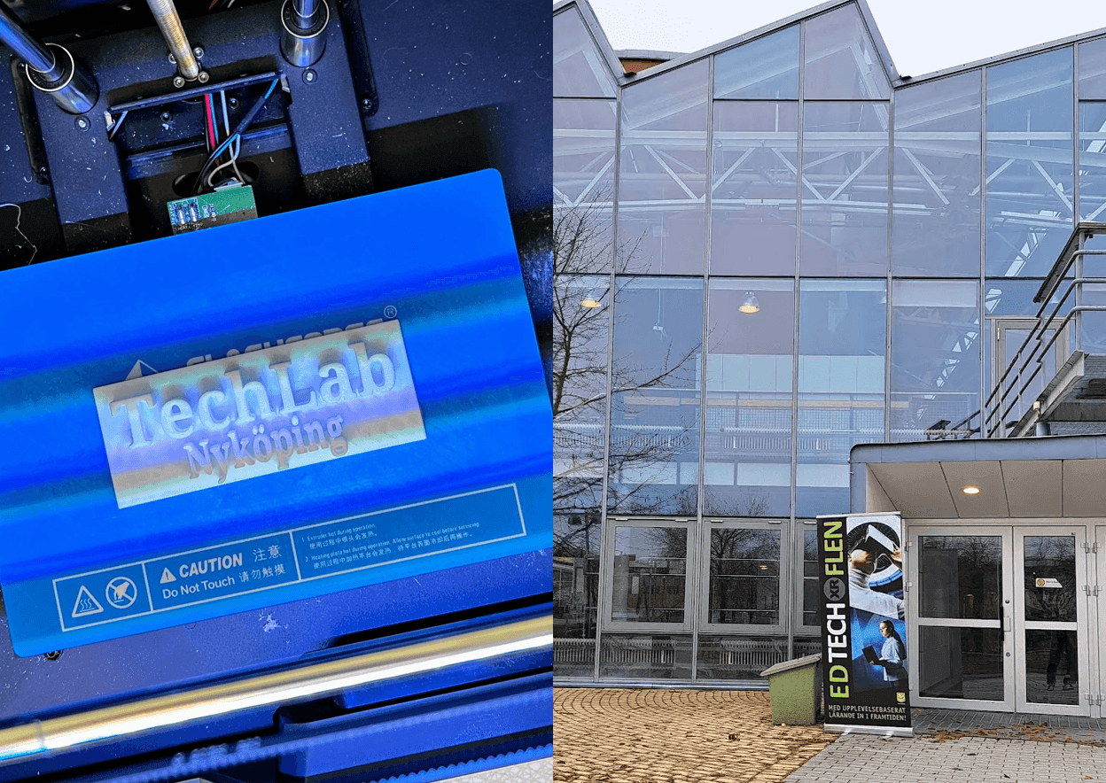 Tvådelad bild på utsidan av lokaler. Vänstra med loggan TechLab och högra med entredörren och logga till EDTECH Flen