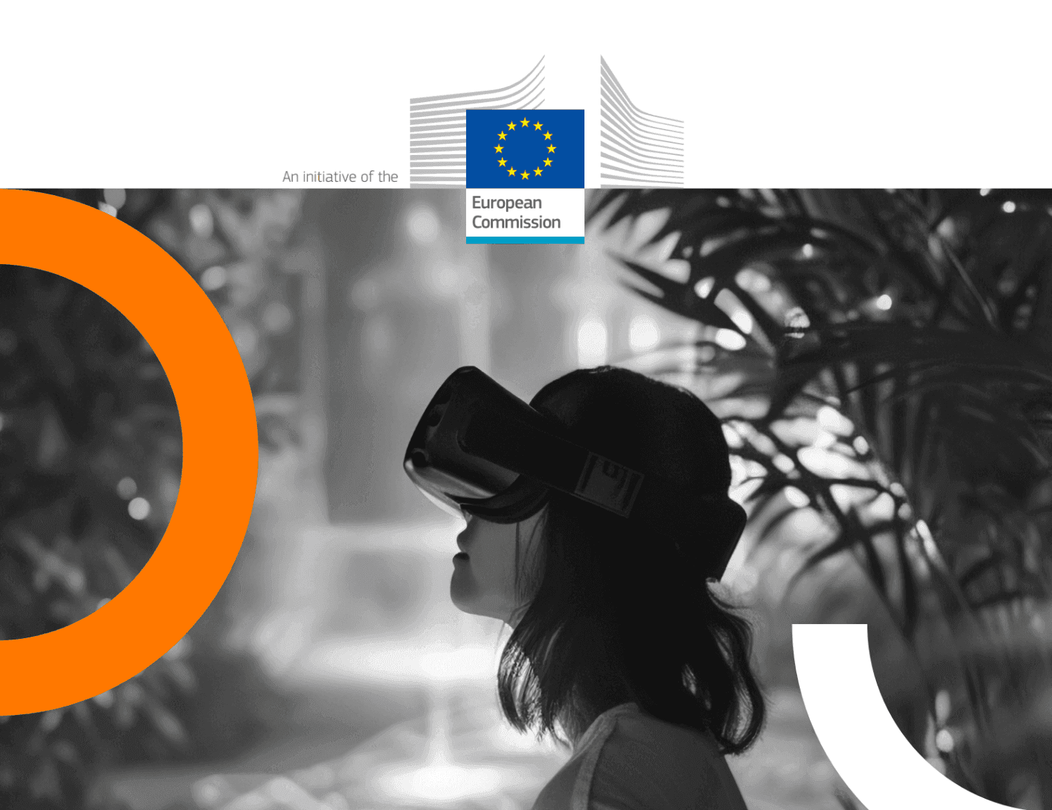 svartvit bild med orange halvcirkel till vänster och en tjej i profil med VR headset på sig