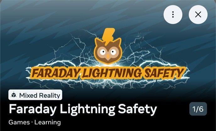 Animering av en gul uggla på en blå bakgrund med texten Faraday lightning safety i gult under