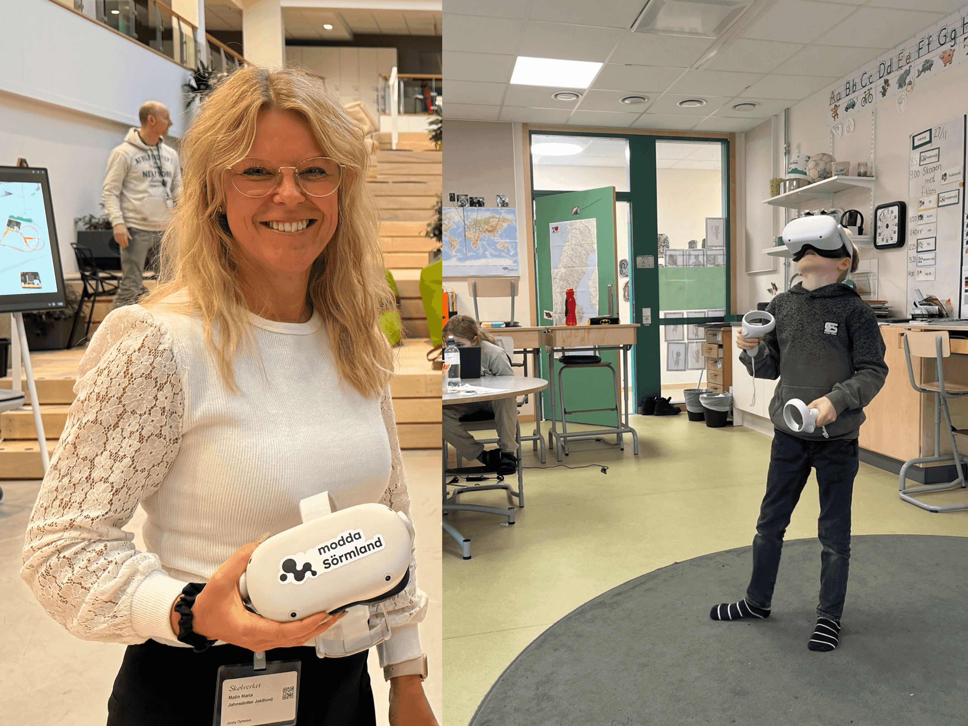 Till vänster, fotografir av Malin Jahnsdotter Jaklund som håller i VR glasögon. Till höger, ett barn på rund matta som har VR glasögon på sig