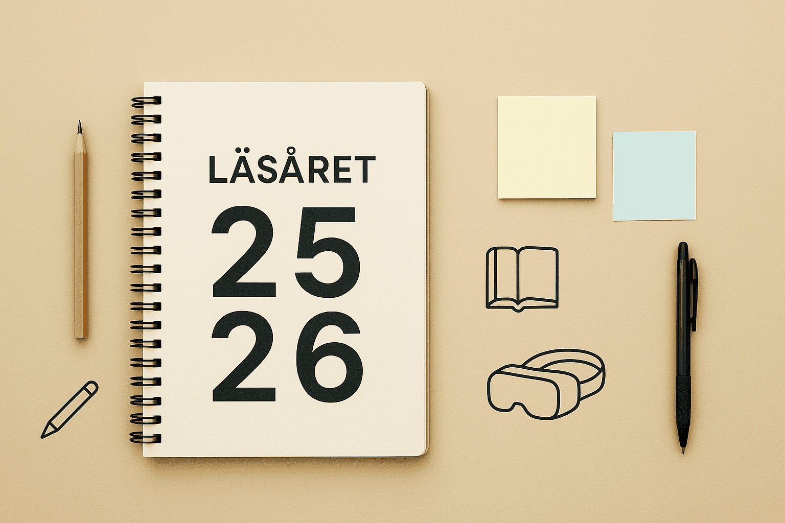 skrivblock med text "läsåret 25 26", skrivutrustning, ikoner inkl vr-headset