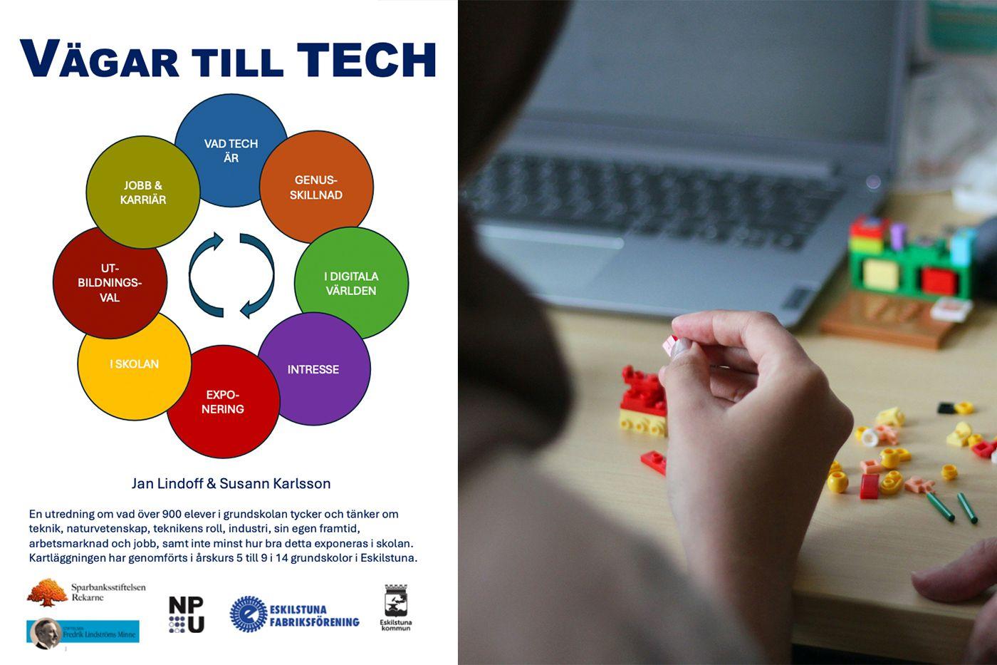 Tvådelad bild där vänster hala är en visualisering av Vägar till Tech och högra delen är ett barns hand som plockar med lego 