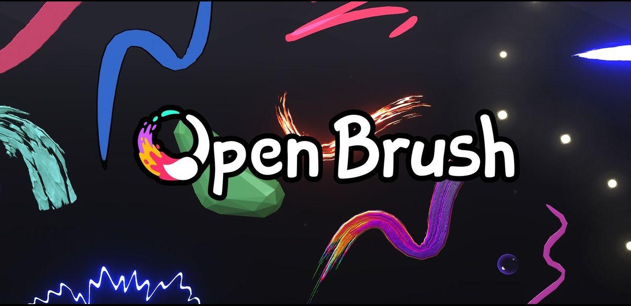 Animerade penseldrag i olika färger, svävande i bakgrunden samt vit text Open Brush