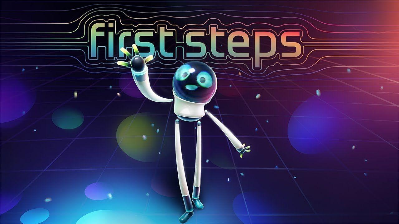 En robotfigur i rymden och texten first step.