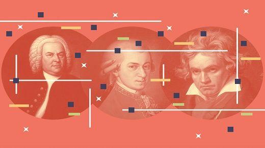 Orange bakgrund och bilder på Bach, Mozart, Beethoven.
