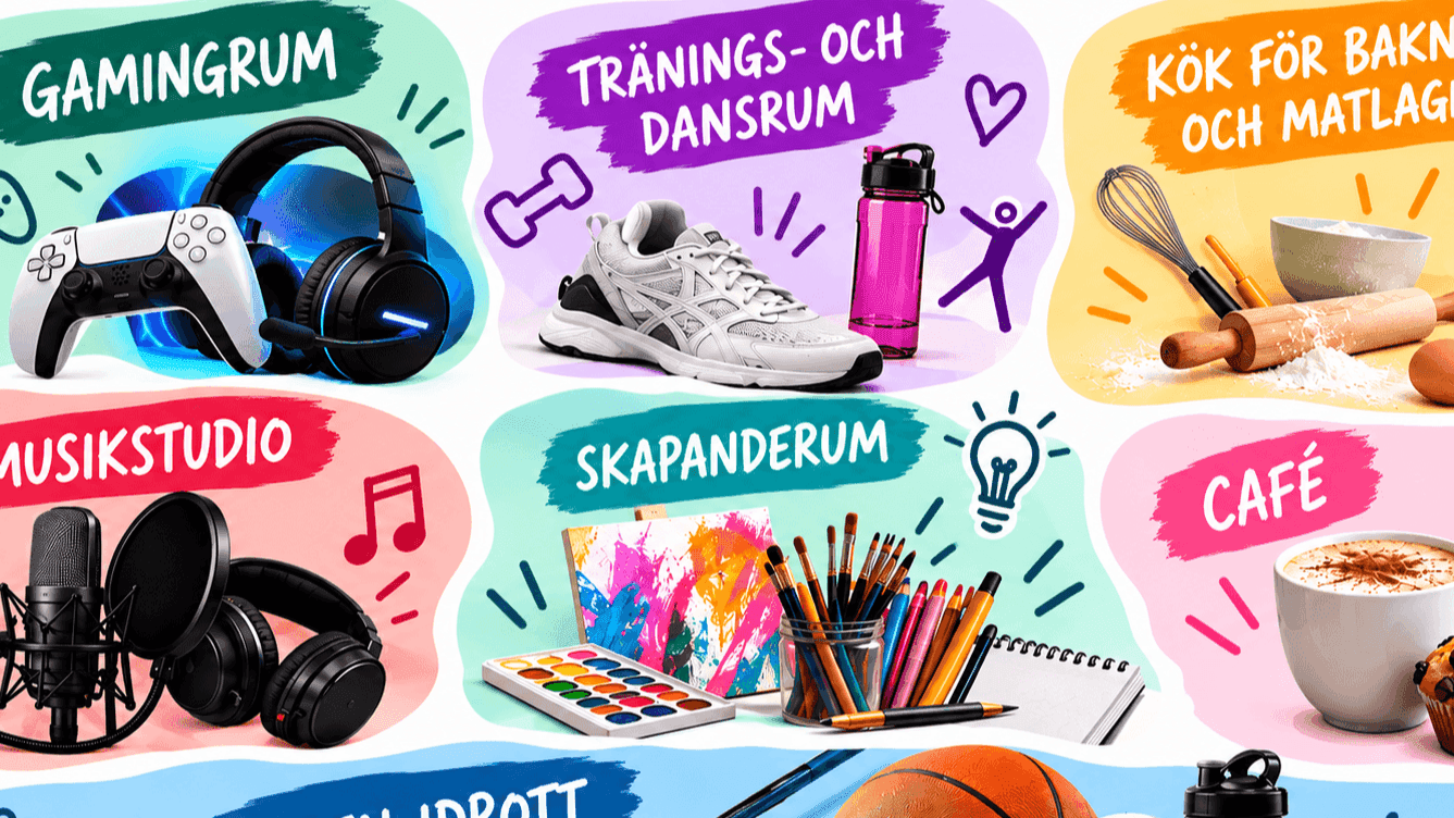 Illustration med symboler och föremål för aktiviteter på en ungdomsgård: gaming, träning och dans, matlagning, musik, skapande, café och öppen idrott.