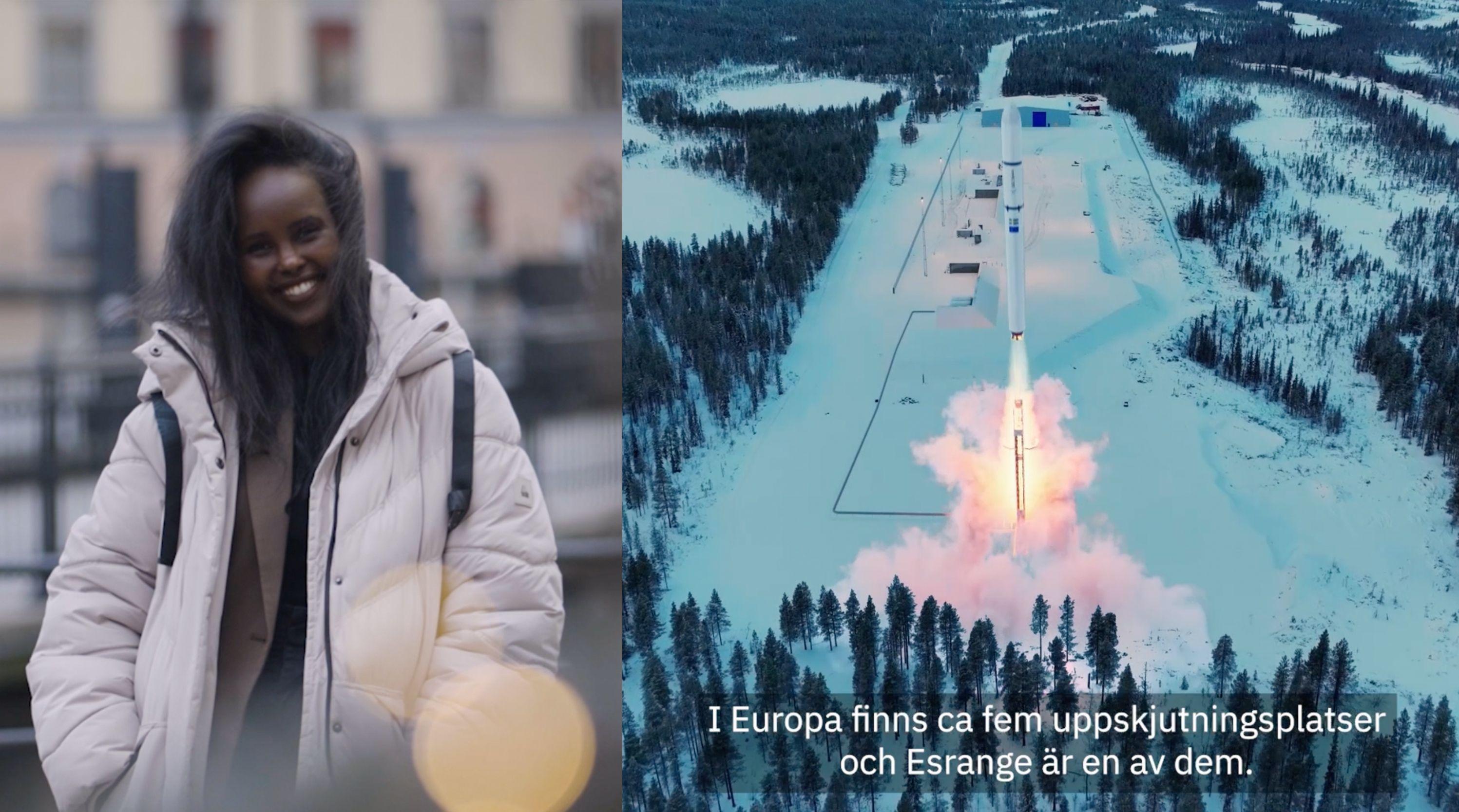 Väster sida ett porträtt av Ilham Ibrahim och höger sida ett flygfoto över Esrange uppskutningsplats