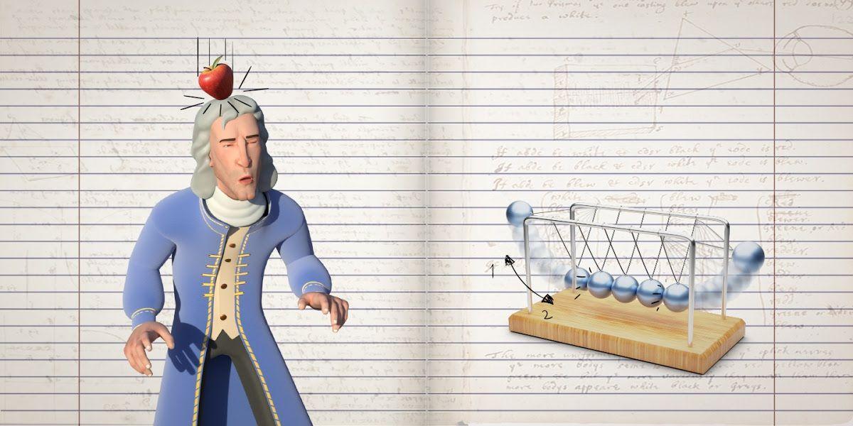Teckning av Isaac Newton som har ett äpple på huvudet.