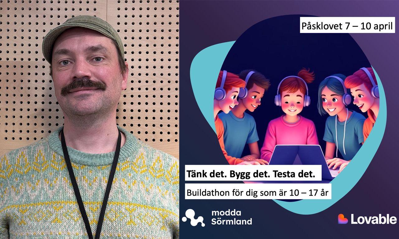 Vänster sida profilbild på Anders Gille. Höger sida animerade barn framför en dator