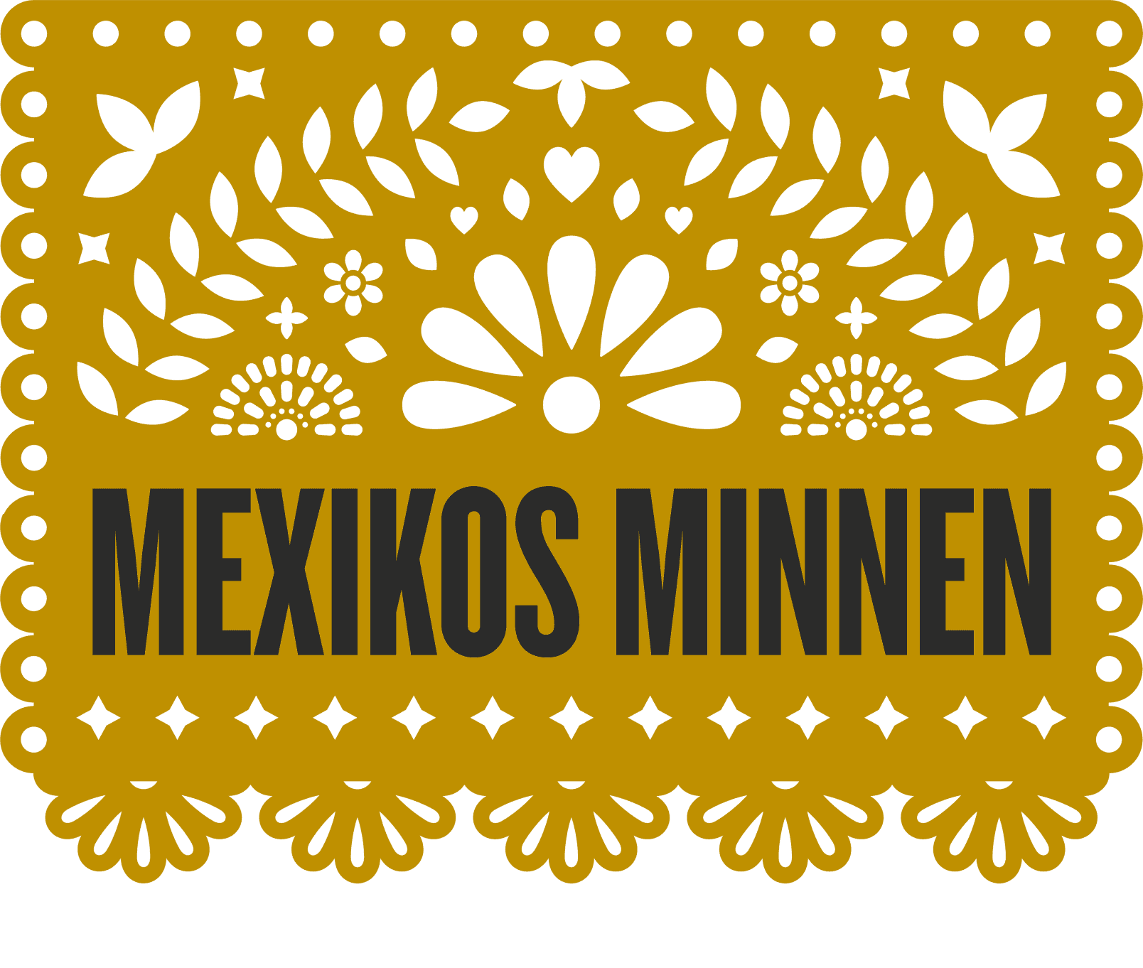 Senapsfärgat mönster och en text i svart som säger Mexikos minnen.