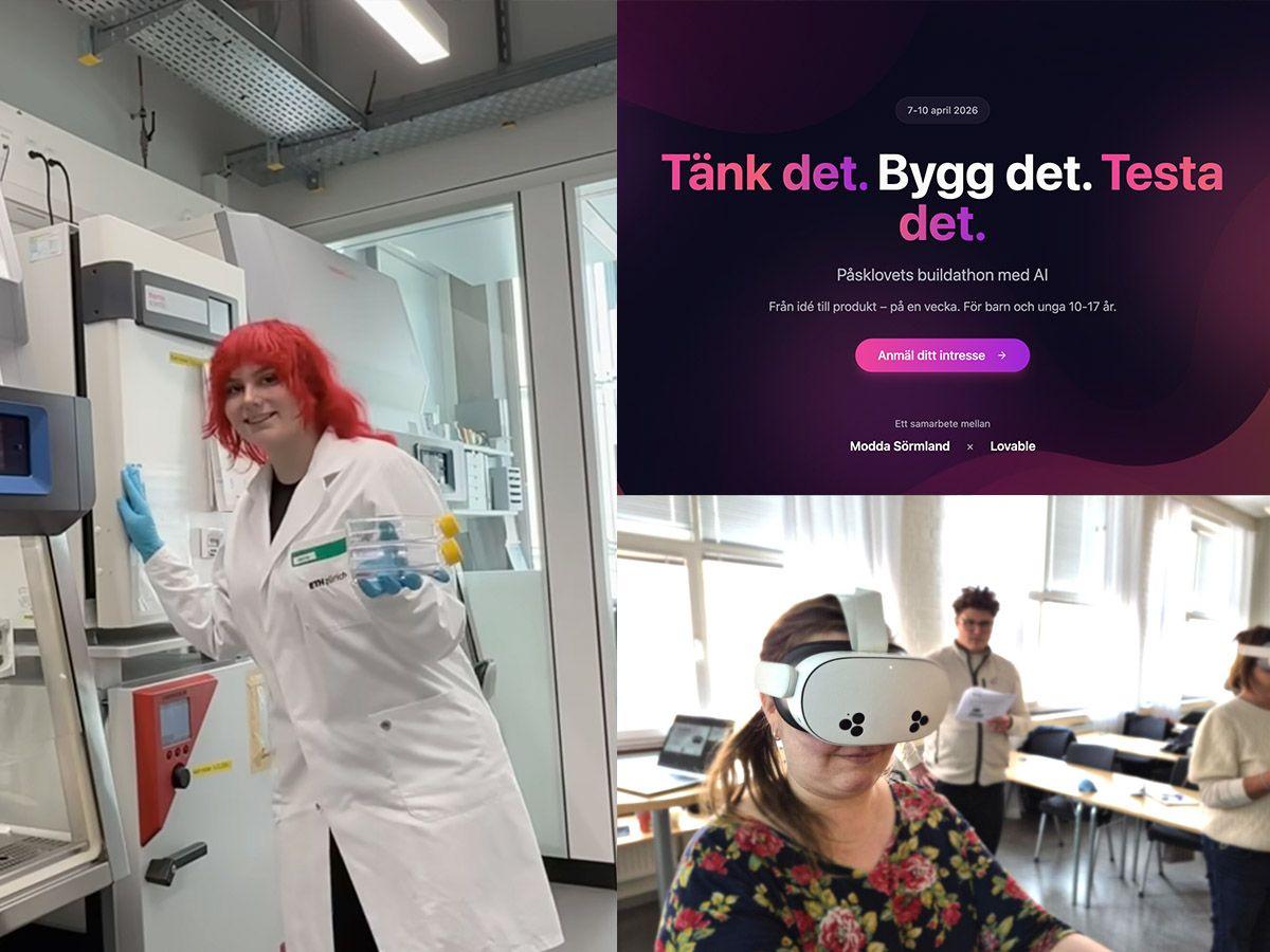 Tredelad bild där en tjej i ett labratorium är till vänster och till höger en tvådelad bild med en tjej i VR och en del med framtsidan från Lovables hemsida