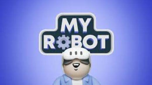 AI bild av en karaktär i VR headset med texten My Robot i bakgrunden
