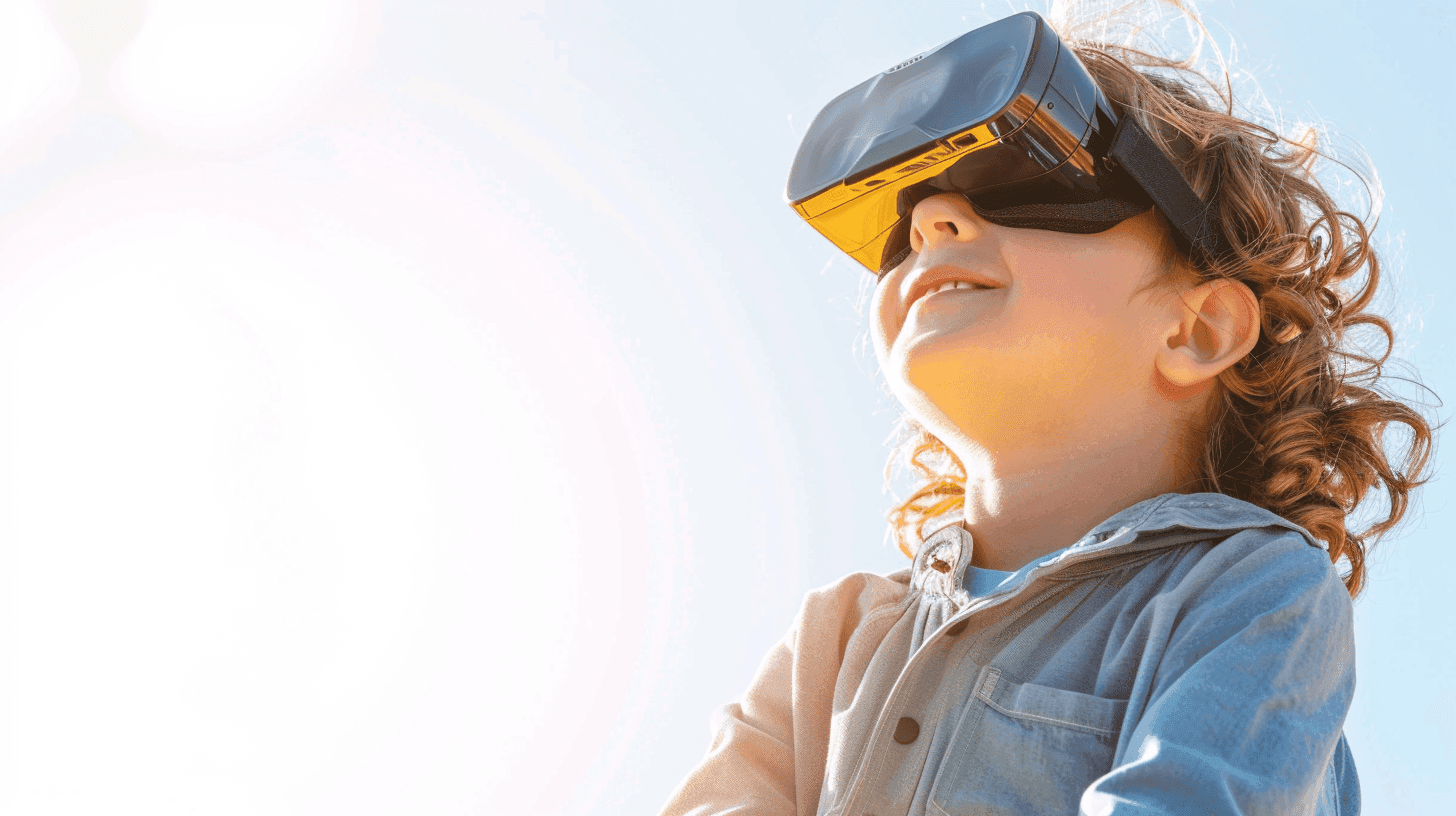 Ett barn med VR glasögon tittar upp på en klarblå himmel