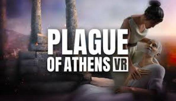 Omslagsbild för VR-upplevelsen Plague of Athens. En person vårdar en sjuk människa i en miljö från antikens Aten.