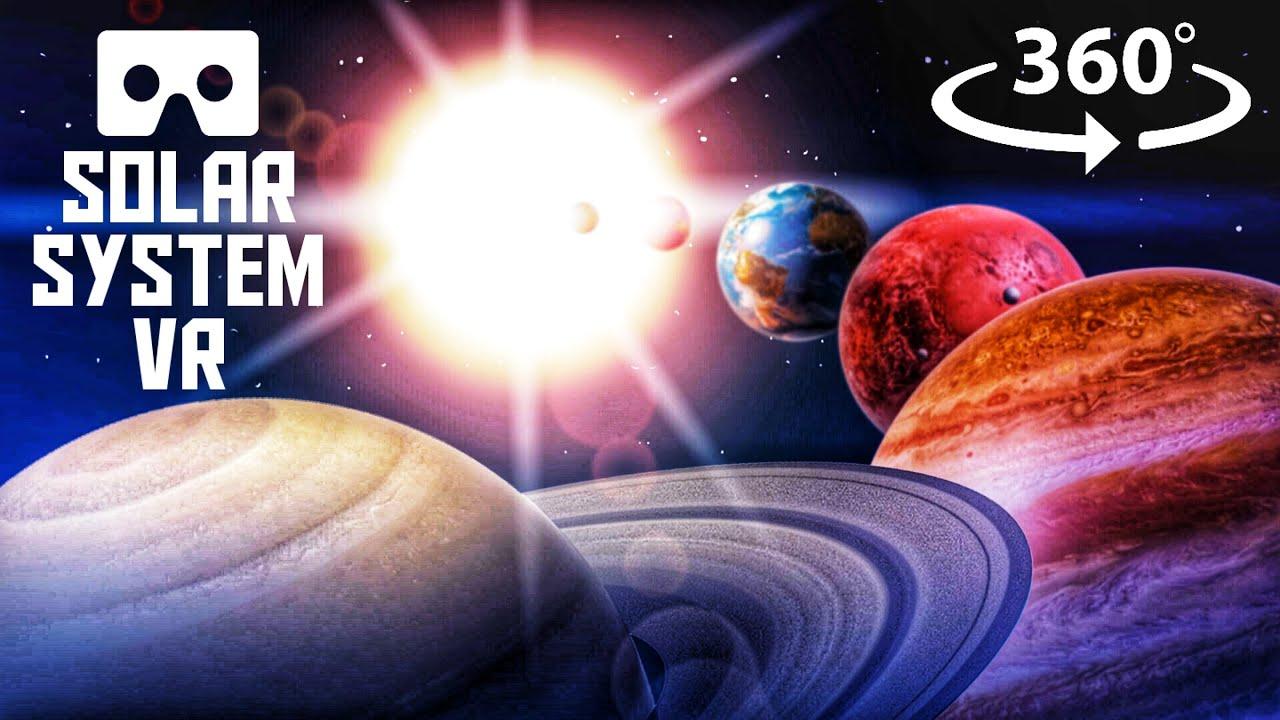Planeter i rymden med solen i bakgrunden och en text som säger Solar system VR.